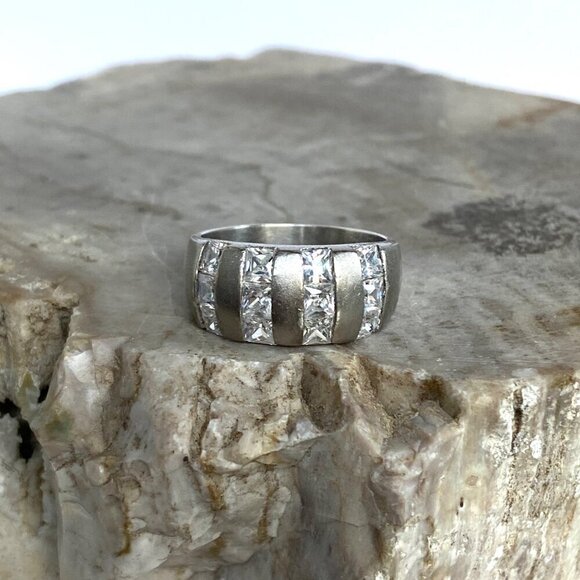 Brushed Sterling Silver 925 Channel Set Cubic Zirconia 4 Row Wide Band Ring Sz 7 - Picture 13 of 16